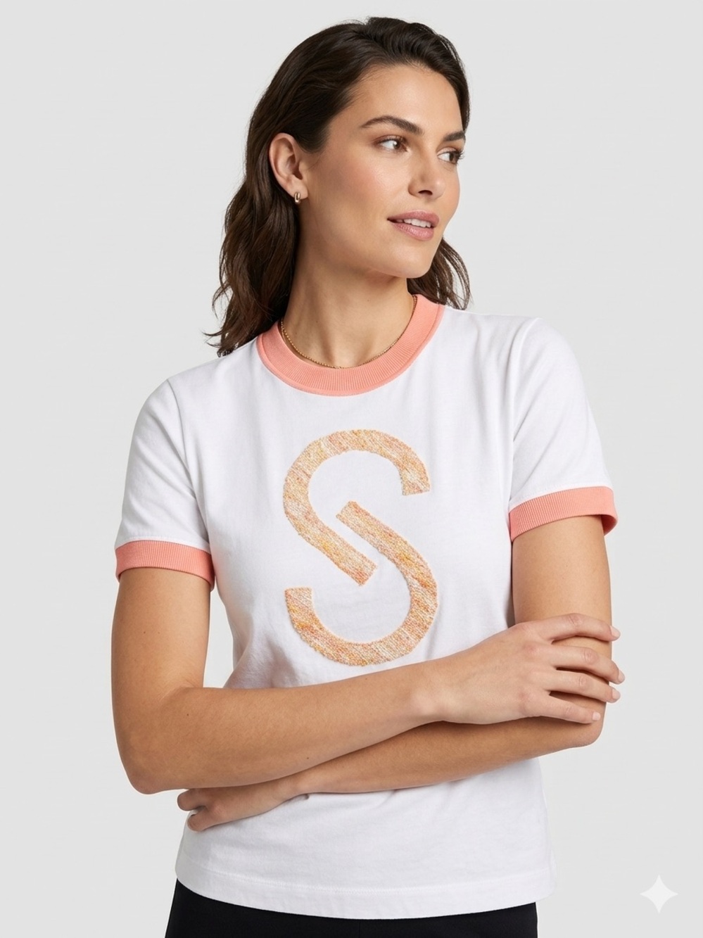 ST. JOHN Sport White Ringer T-Shirt Coral Trim Large Textured "S" Logo - Size M